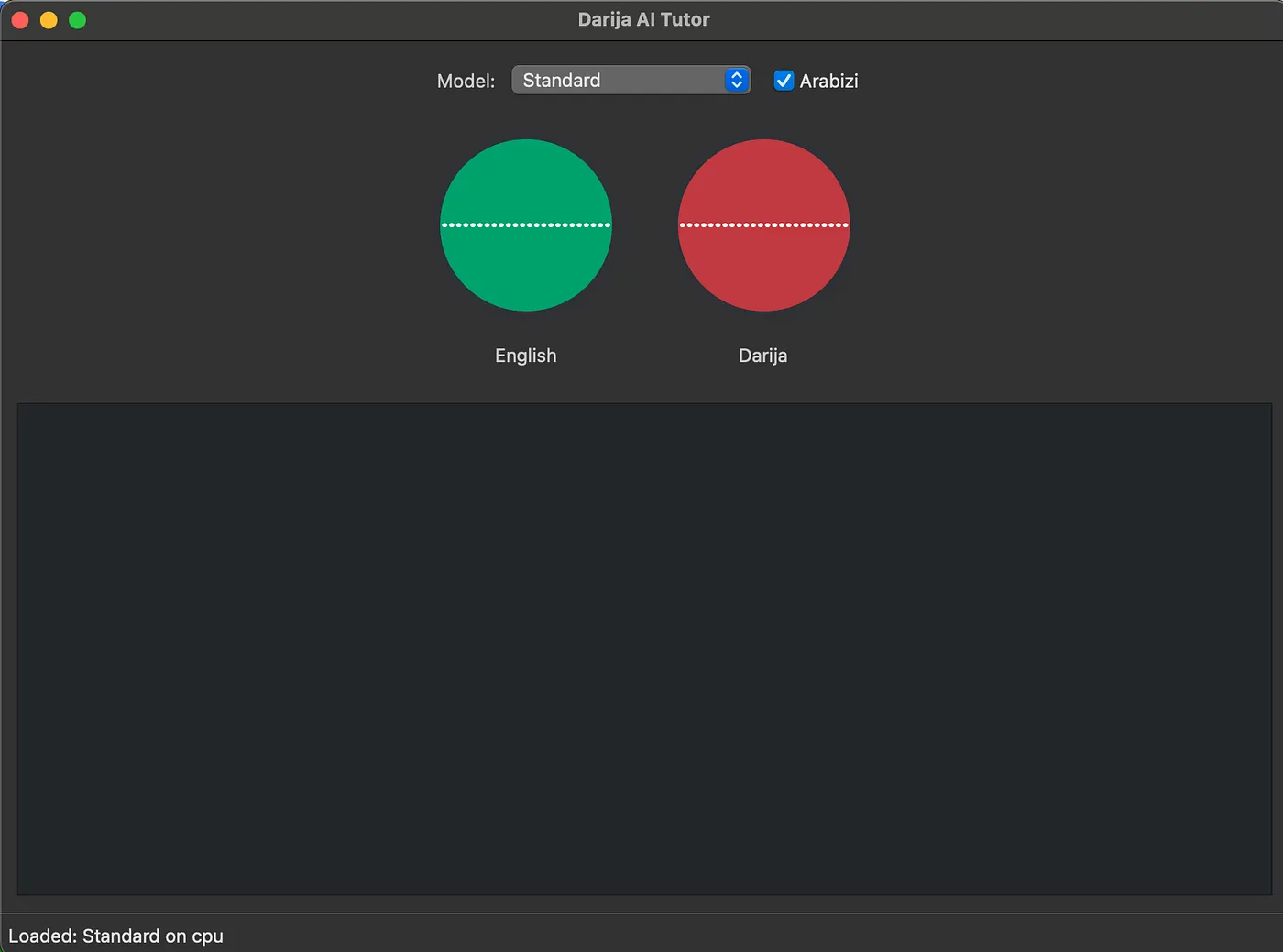 The Darija AI Tutor desktop app: a model picker, an Arabizi checkbox, and green English and red Darija mic buttons above the transcript pane