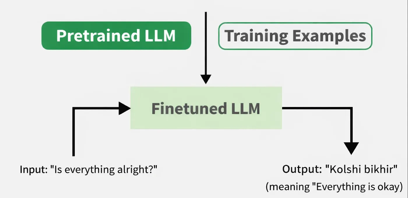 Diagram: a pretrained LLM plus training examples produce a finetuned LLM that answers 'Is everything alright?' with 'Kolshi bikhir'